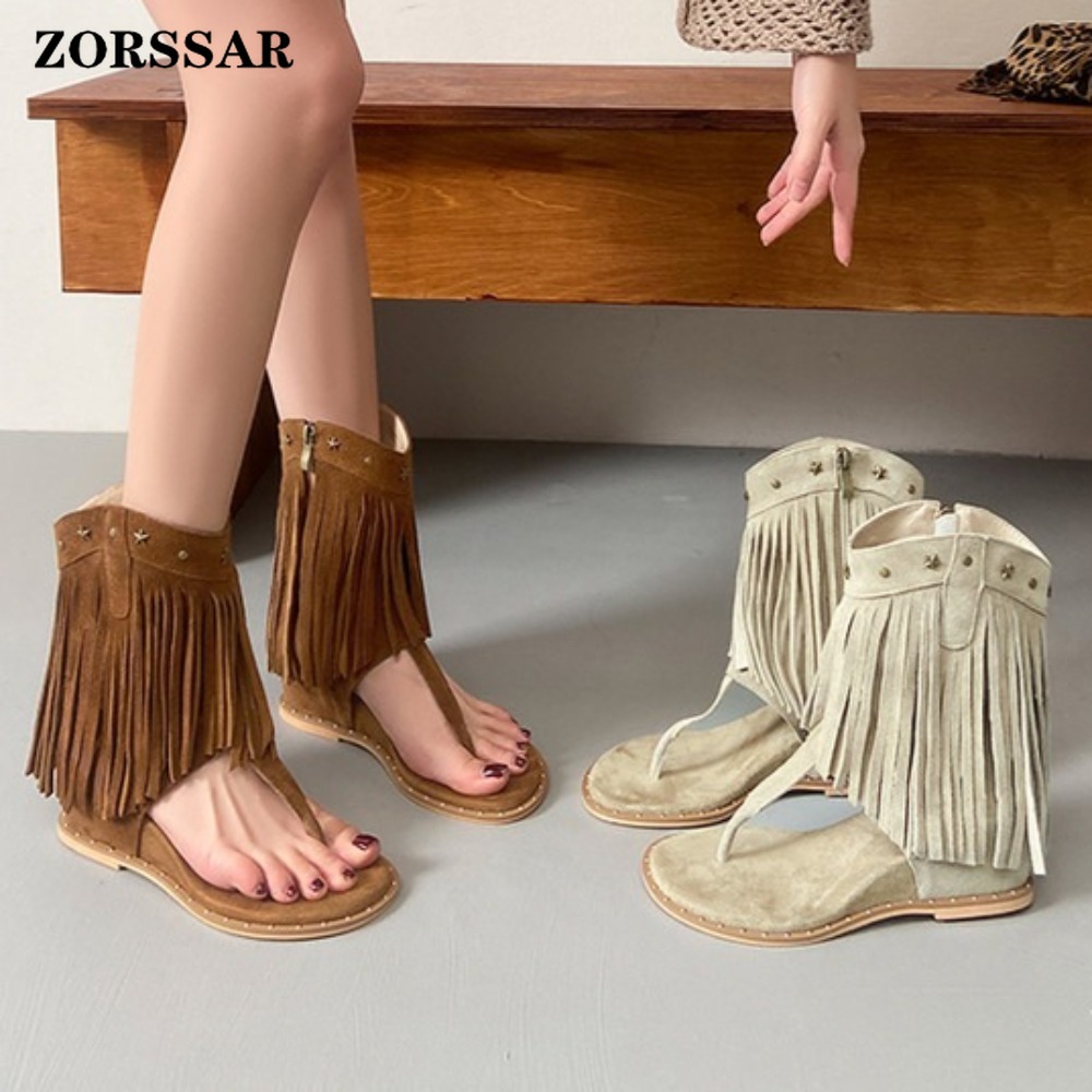 Women'S Fashion Boots - Sandali con zeppa e frange da